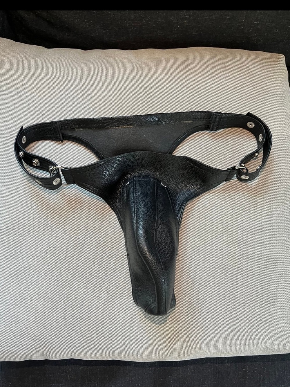 Andrew Christian Black pLeather Brief. Adjustable waist. Clip on pouch. Size S-L